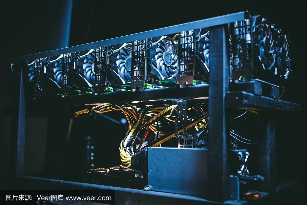 A close-up view of a mining rig shows the intricate cooling system designed to dissipate heat and prolong the life of the GPUs.